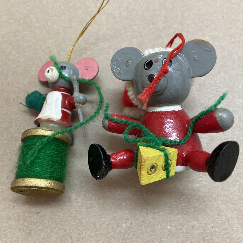 Vintage Wooden Grey Mice Christmas Ornaments Set of 2 Sewing Themed